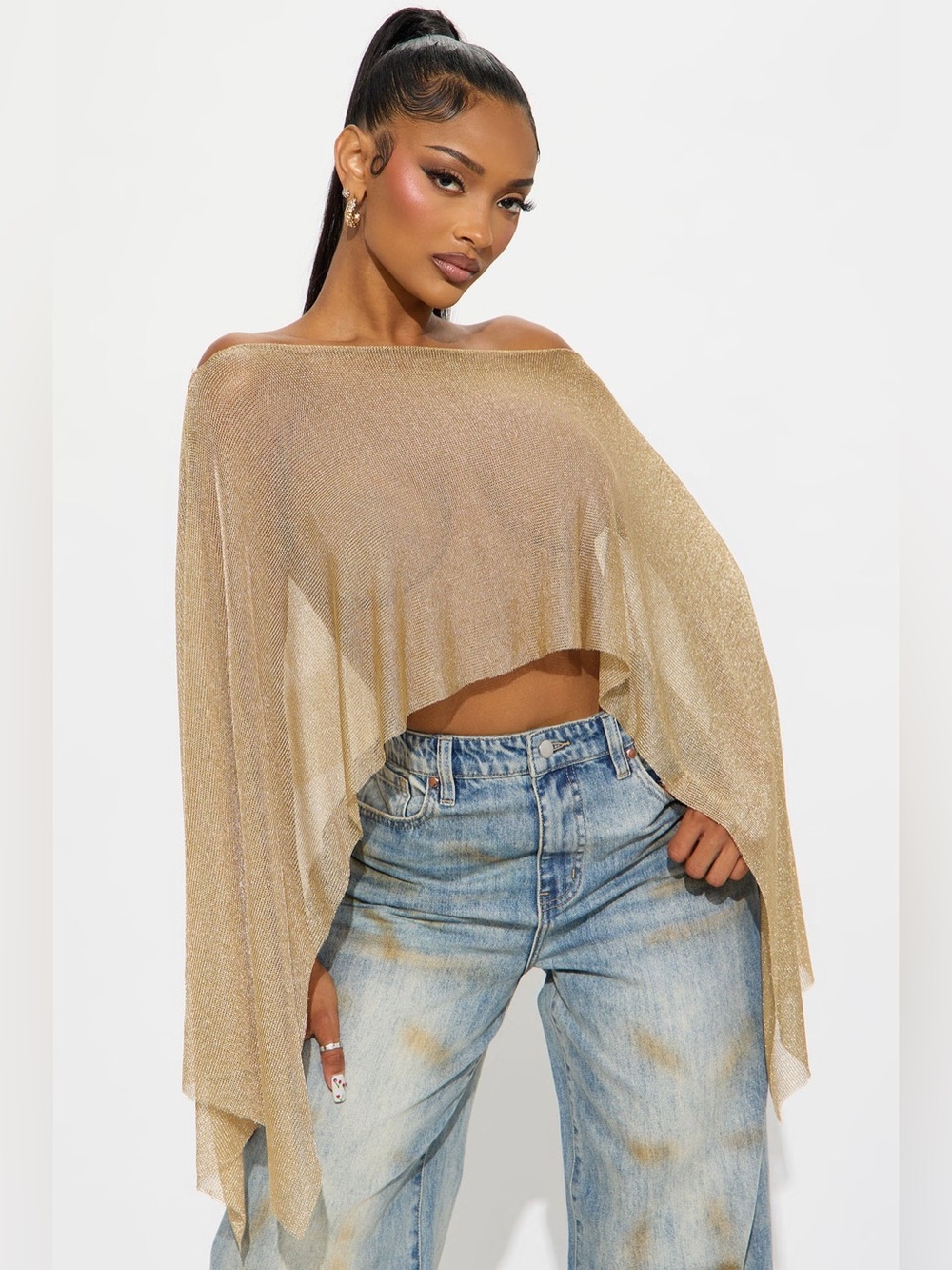 Fashion Nova Metallic Sheer Cropped Poncho in Gold